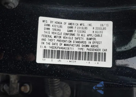 2016 Honda Accord Ex-L from USA, damaged, VIN 1HGCR2F84GA006711